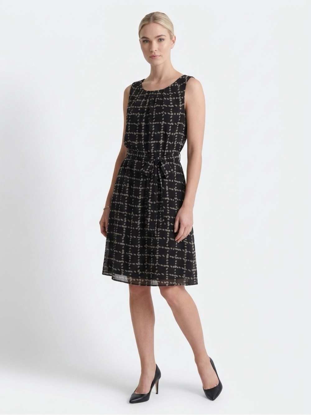 Banana Republic Black Midi Dress with Beige Grid Dot Pattern